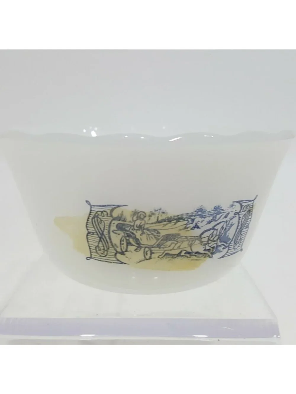 Fire King Anchor Hocking Milk Glass Mini Bowl Currier & Ives Blue White #30